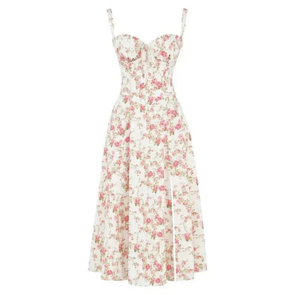 Midi damekjole med blomsterprint og justerbare stropper – Floravienne