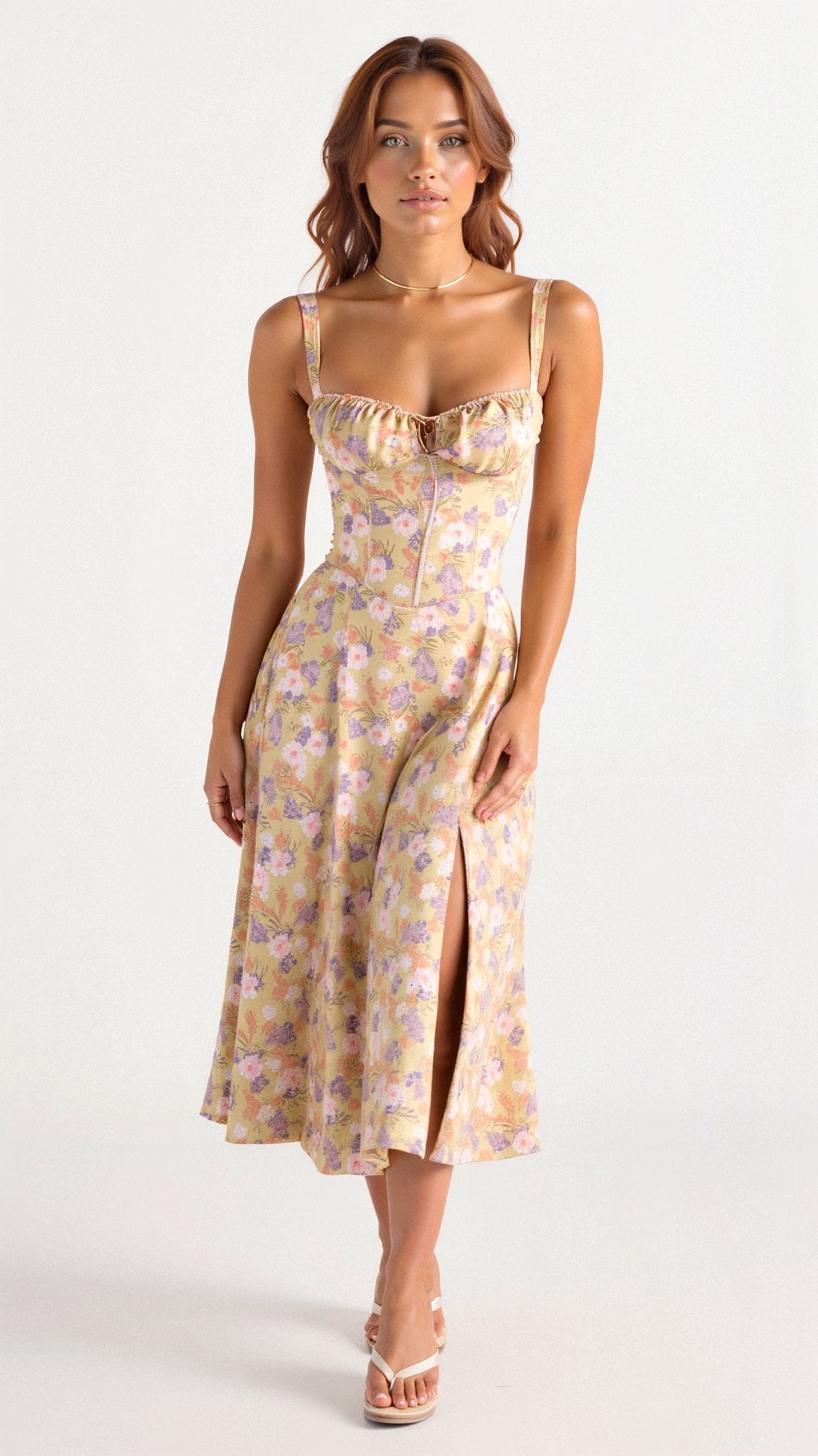 Midi damekjole med blomsterprint og justerbare stropper – Floravienne
