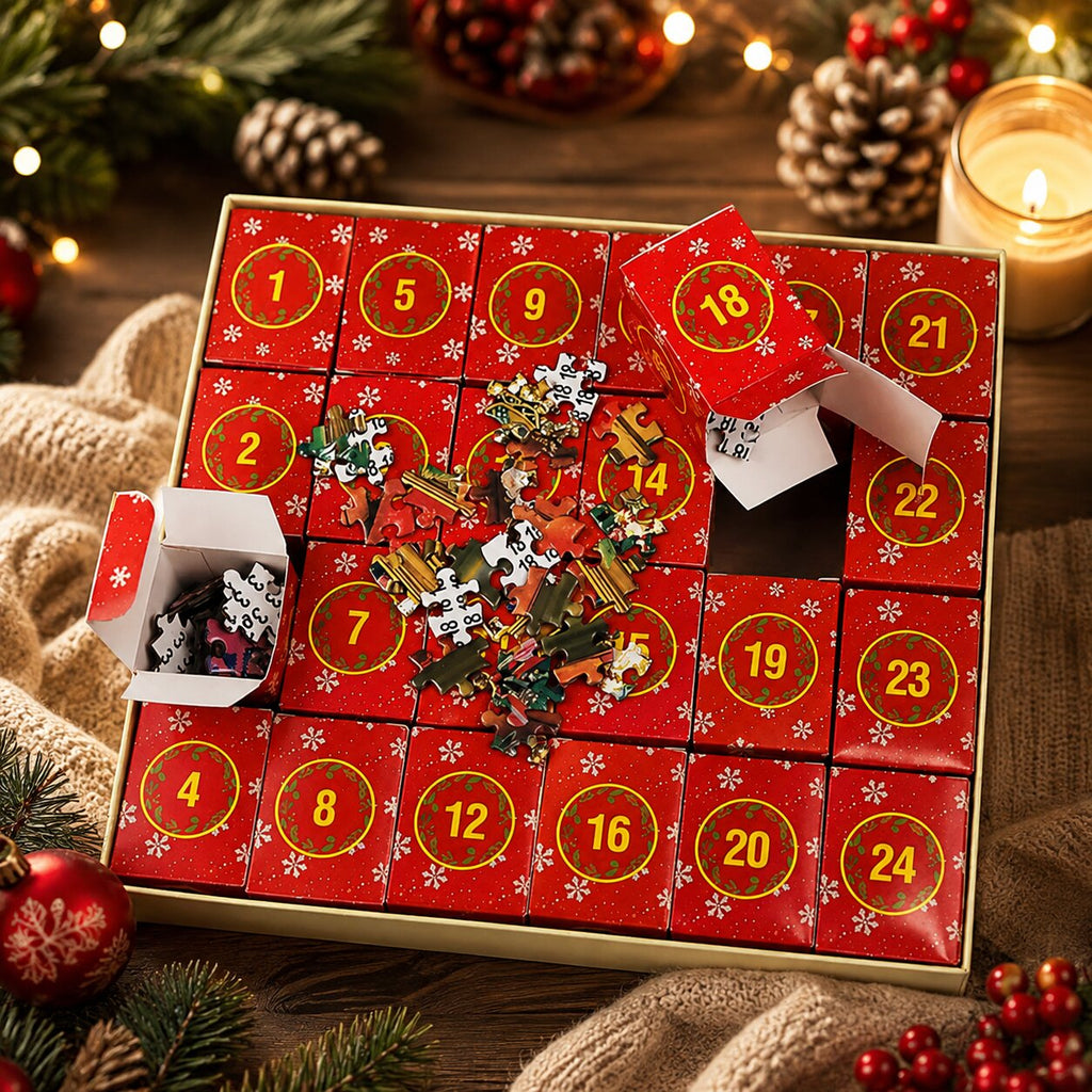 Julepuslespil adventskalender med dekorativt motiv og plakat | Pulucía
