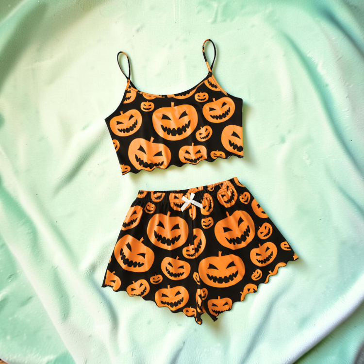 Halloween Pyjamassæt Dame Cropped Top Shorts Græskar Skelet | Celestina