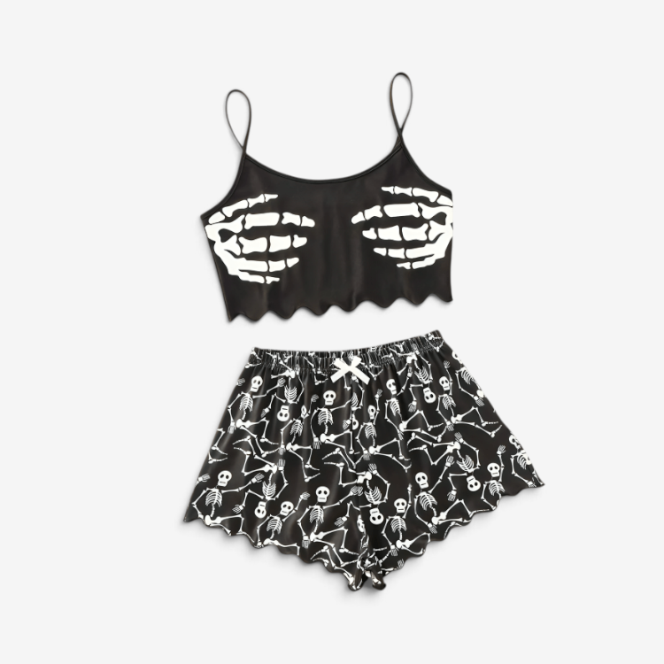 Halloween Pyjamassæt Dame Cropped Top Shorts Græskar Skelet | Celestina