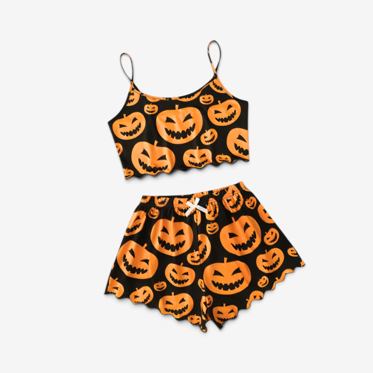 Halloween Pyjamassæt Dame Cropped Top Shorts Græskar Skelet | Celestina