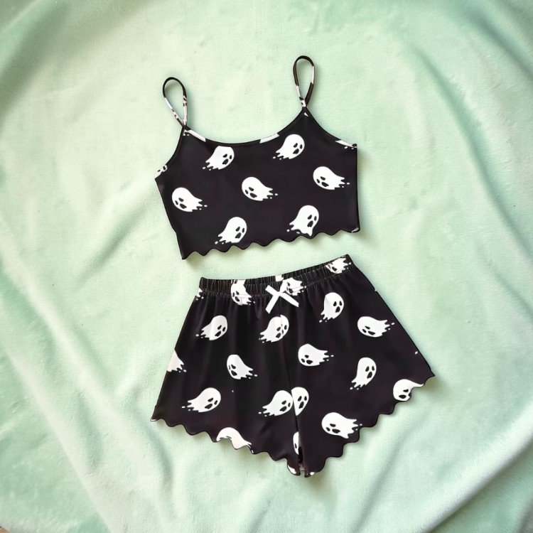 Halloween Pyjamassæt Dame Cropped Top Shorts Græskar Skelet | Celestina