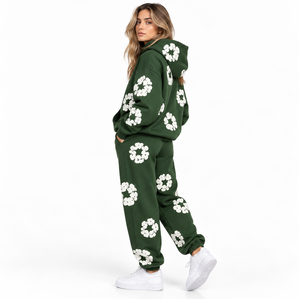 Unisex todelt træningssæt med blomsterprint hoodie og matchende bukser | Anaïs