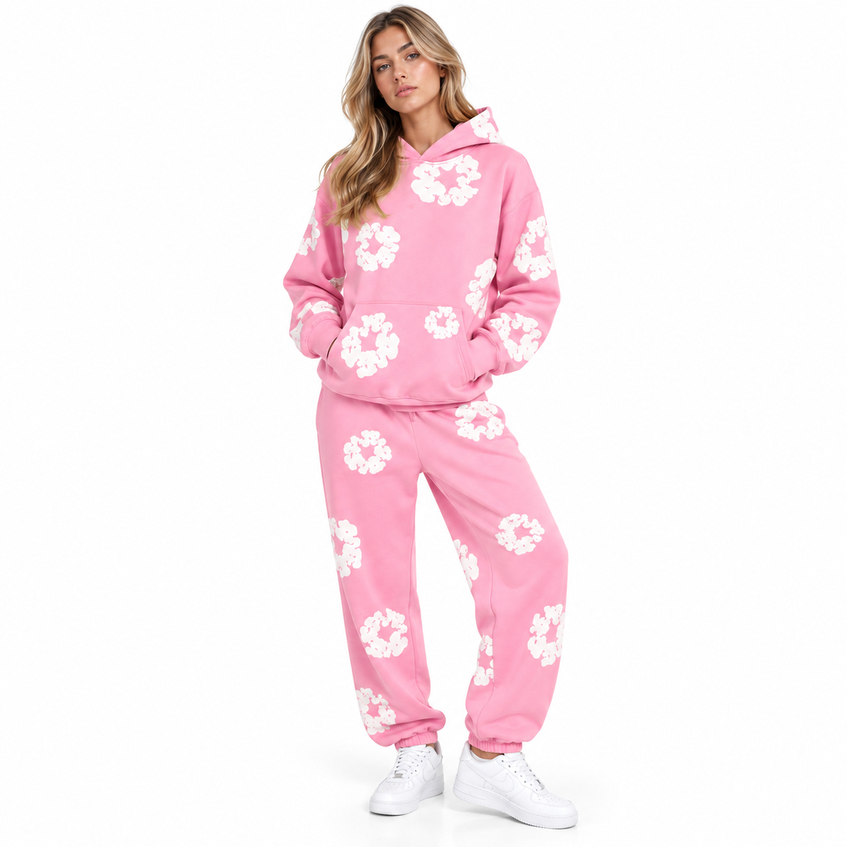 Unisex todelt træningssæt med blomsterprint hoodie og matchende bukser | Anaïs