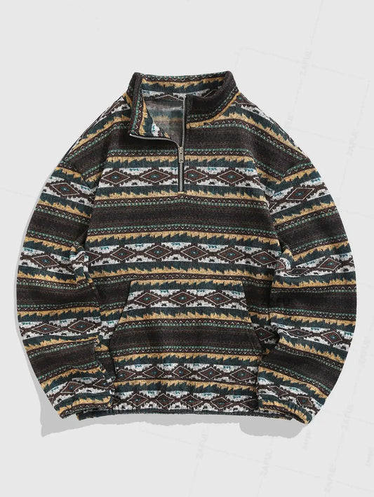 Retro Ethno Unisex Striktrøje – Oversized Knit Sweater med Etnisk Mønster