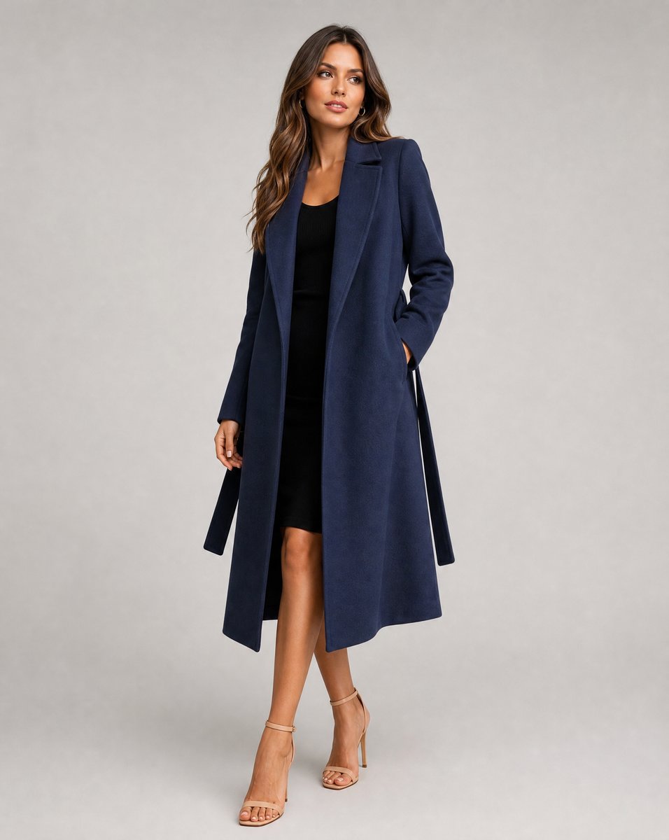 Women's Belted Wool-Blend Long-Line Trench Coat Lapel Overcoat