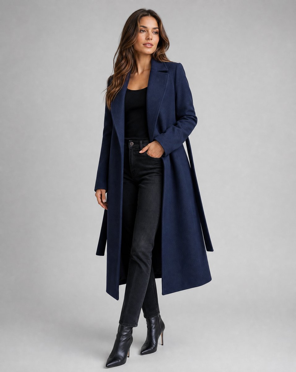 Women's Belted Wool-Blend Long-Line Trench Coat Lapel Overcoat - Navy