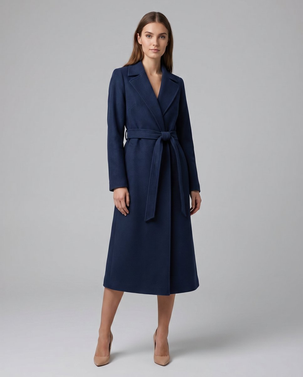 Women's Belted Wool-Blend Long-Line Trench Coat Lapel Overcoat