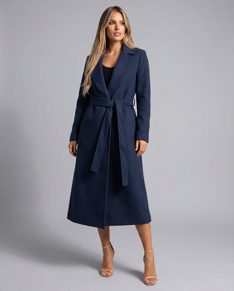 Women's Belted Wool-Blend Long-Line Trench Coat Lapel Overcoat