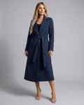 Women's Belted Wool-Blend Long-Line Trench Coat Lapel Overcoat