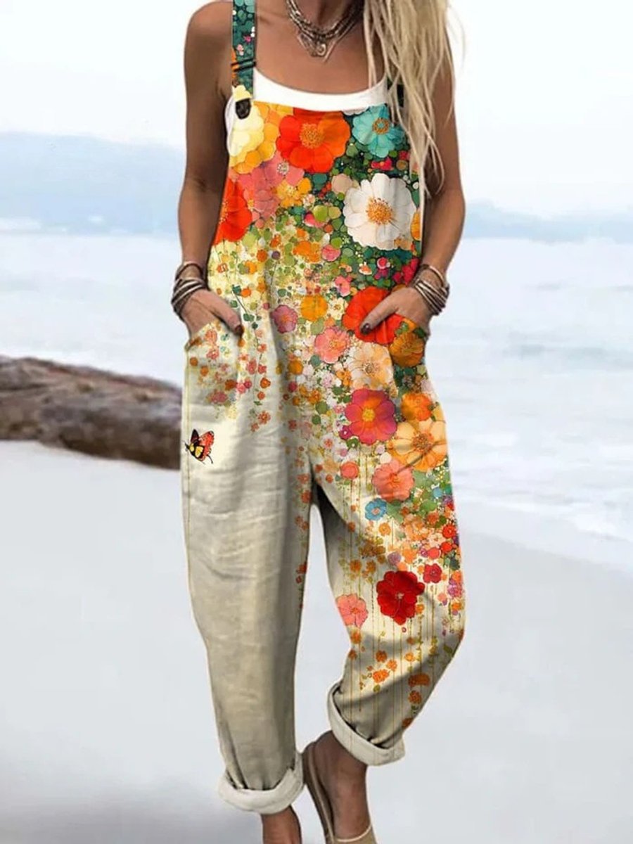 Women's Floral Print Sleeveless Wide Leg Pants Jumpsuit Full Length - Meerkleurig