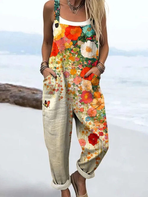 Women's Floral Print Sleeveless Wide Leg Pants Jumpsuit Full Length - Meerkleurig