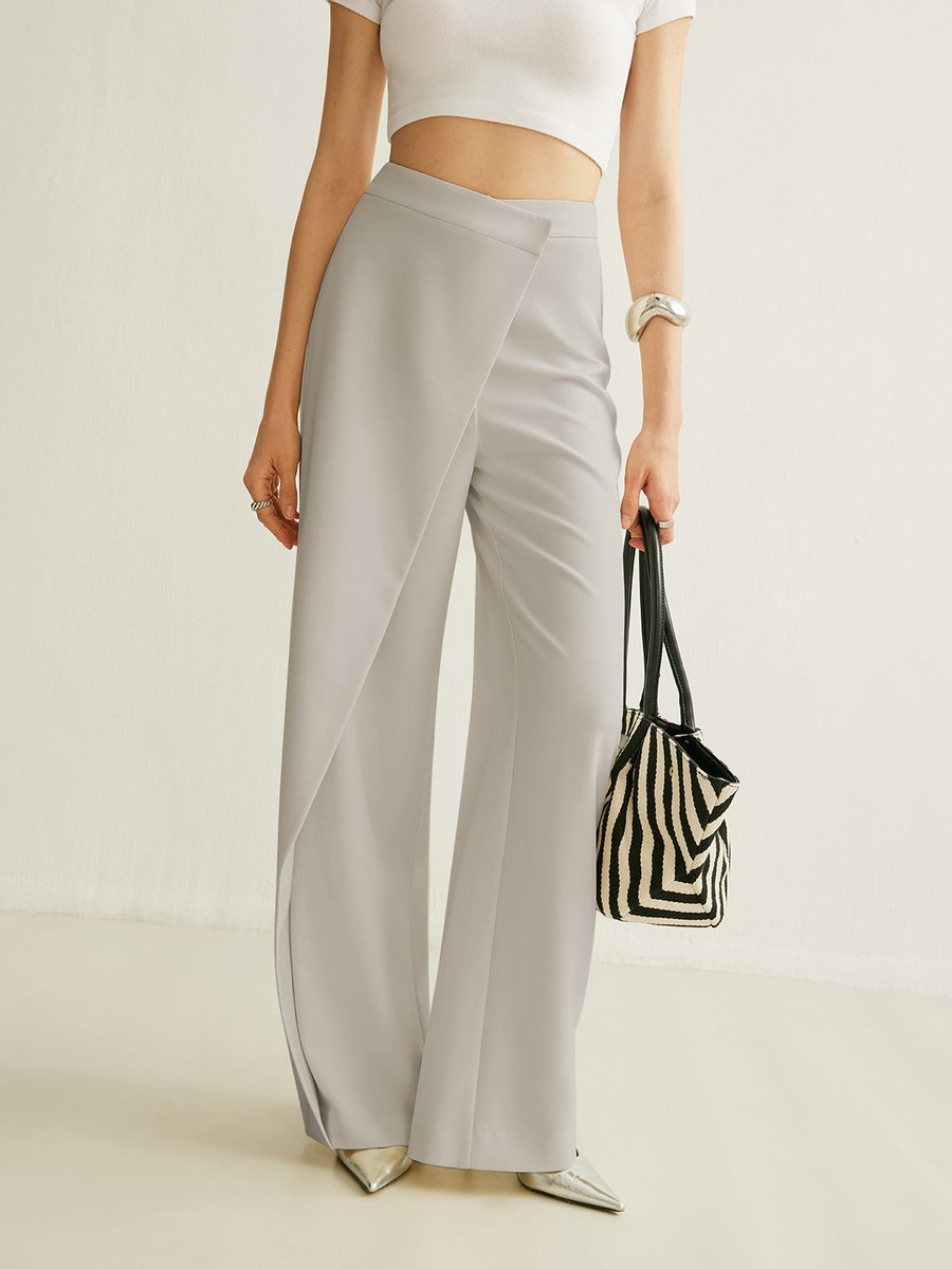 Women's High-Waist Asymmetric Wrap Wide Leg Trousers - Grijs