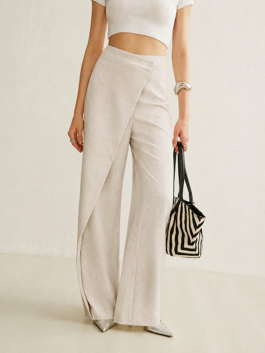 Women's High-Waist Asymmetric Wrap Wide Leg Trousers - Abrikoos