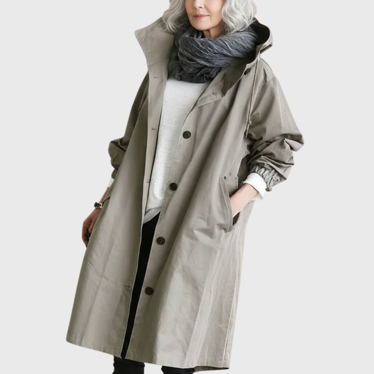 Women's Hooded Water-Repellent Oversized Long Trench Coat - Grijs