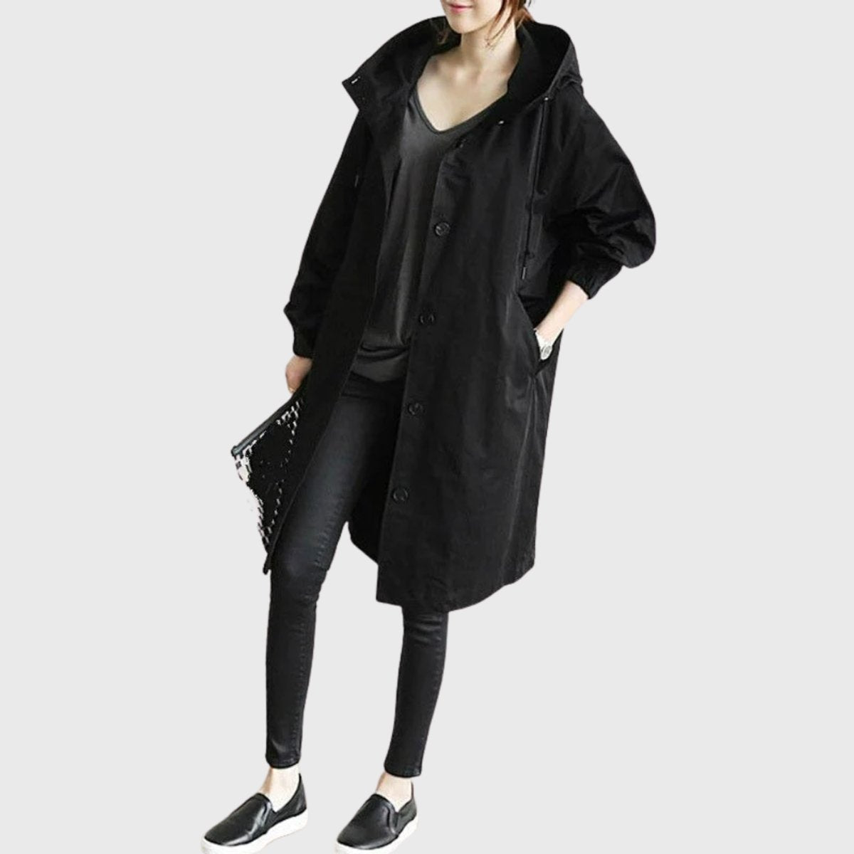 Women's Hooded Water-Repellent Oversized Long Trench Coat - Zwart