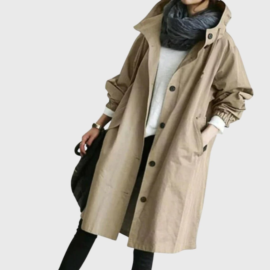 Women's Hooded Water-Repellent Oversized Long Trench Coat - Bruin