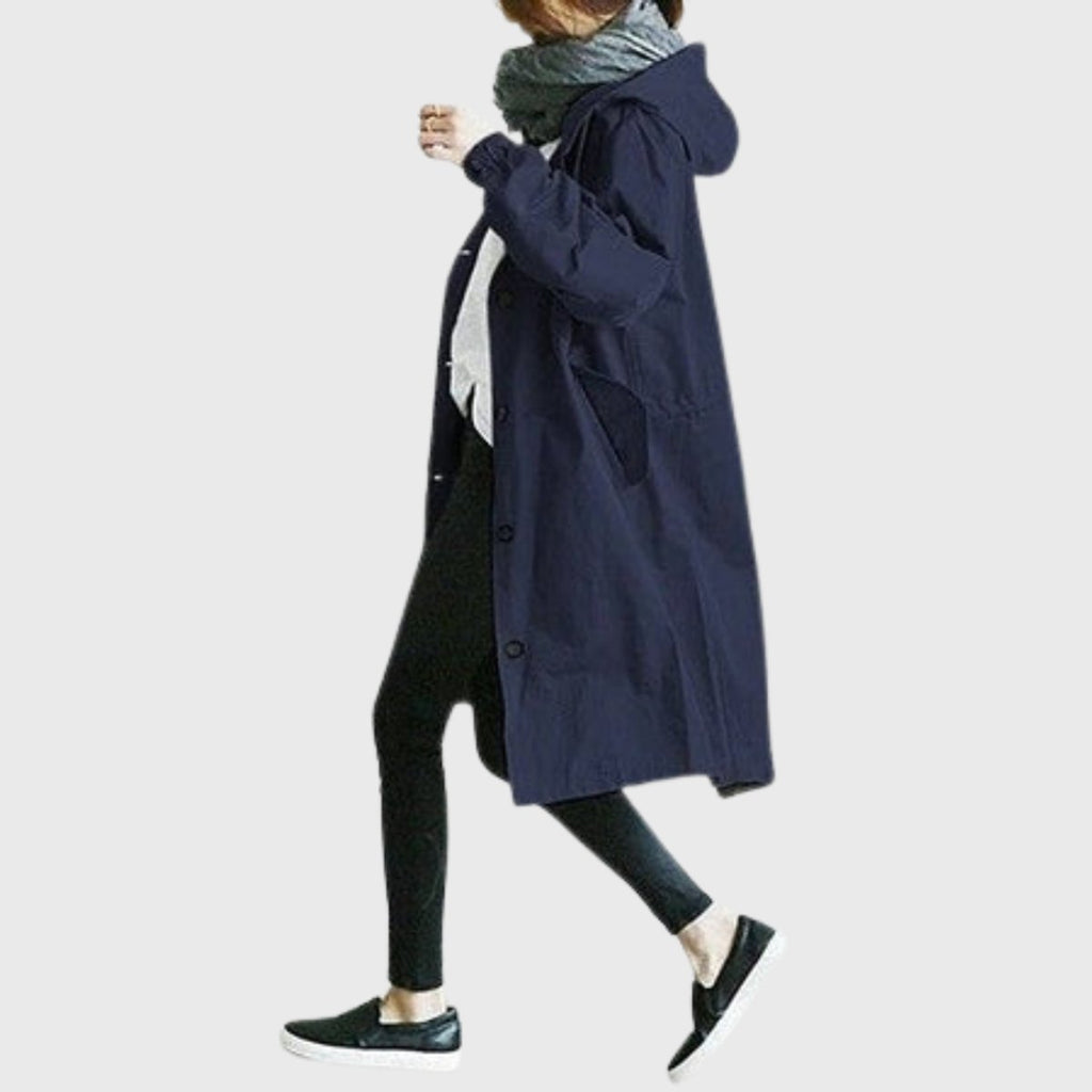 Women's Hooded Water-Repellent Oversized Long Trench Coat - Blauw