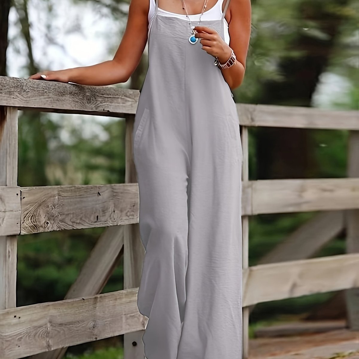 Women's Linen Wide Leg Pants Dungaree Sleeveless Jumpsuit - Silvery Grey