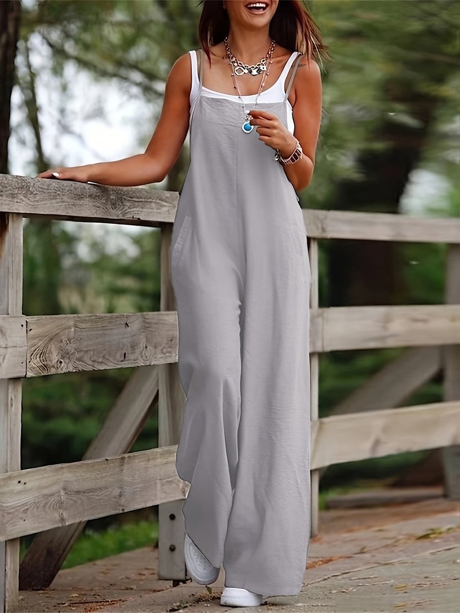Women's Linen Wide Leg Pants Dungaree Sleeveless Jumpsuit