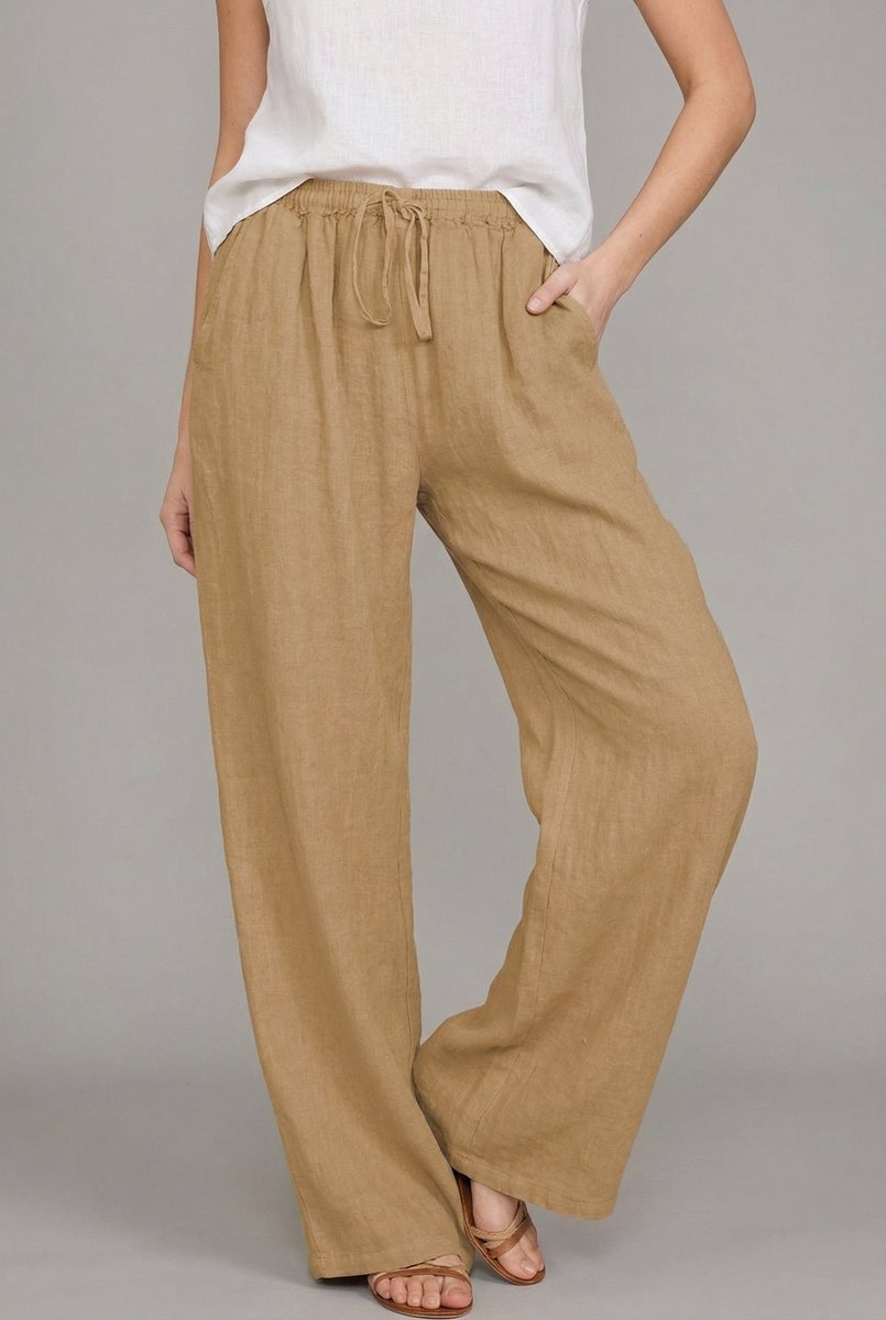 Women's Linen Wide Leg Pants Elasticated Drawstring Trousers - Khaki
