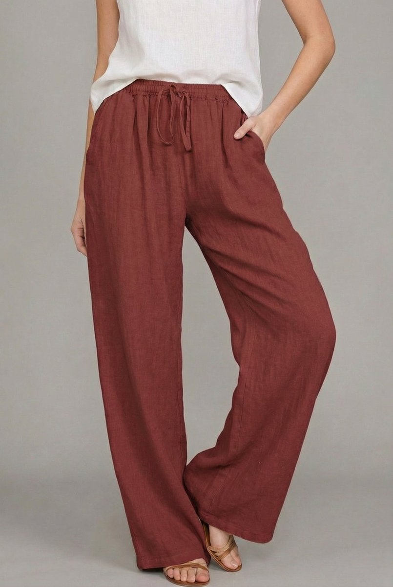 Women's Linen Wide Leg Pants Elasticated Drawstring Trousers - Wine Red