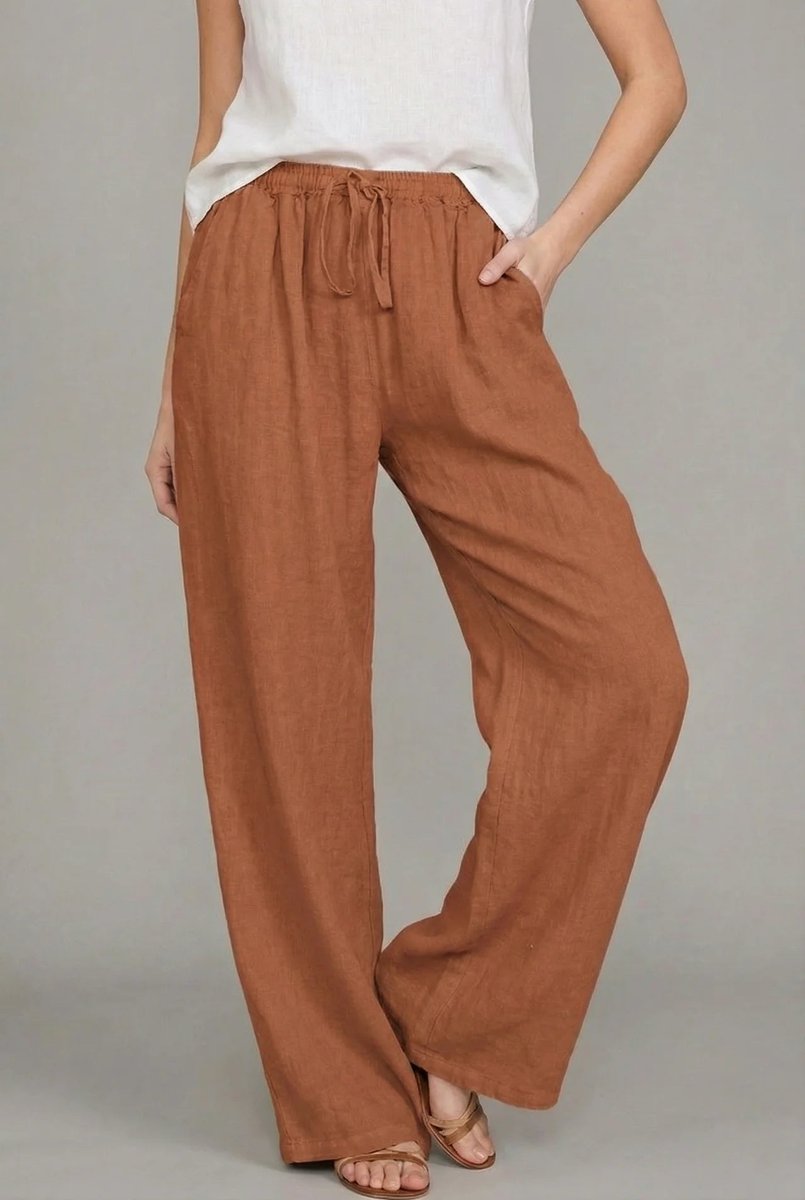 Women's Linen Wide Leg Pants Elasticated Drawstring Trousers - Orange