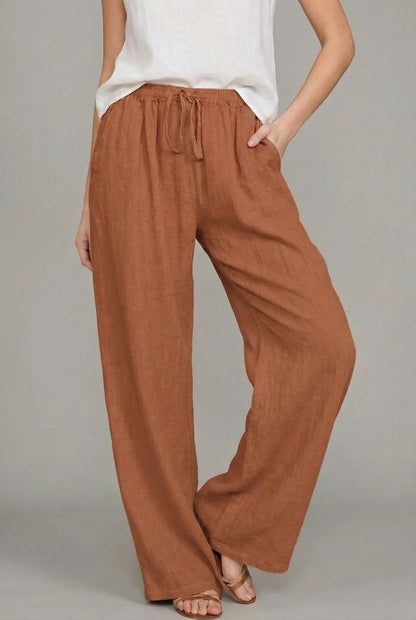 Women's Linen Wide Leg Pants Elasticated Drawstring Trousers - Orange