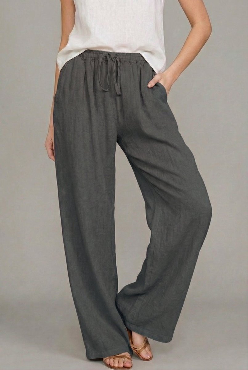 Women's Linen Wide Leg Pants Elasticated Drawstring Trousers - Dark gray