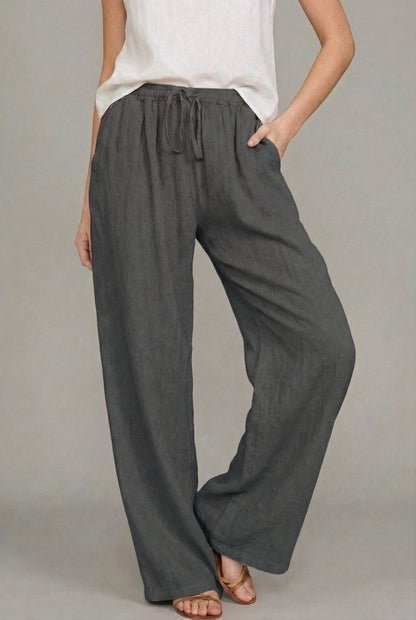 Women's Linen Wide Leg Pants Elasticated Drawstring Trousers - Dark gray