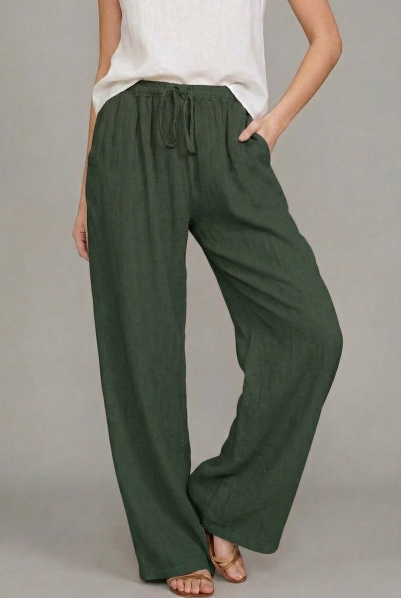 Women's Linen Wide Leg Pants Elasticated Drawstring Trousers - Green