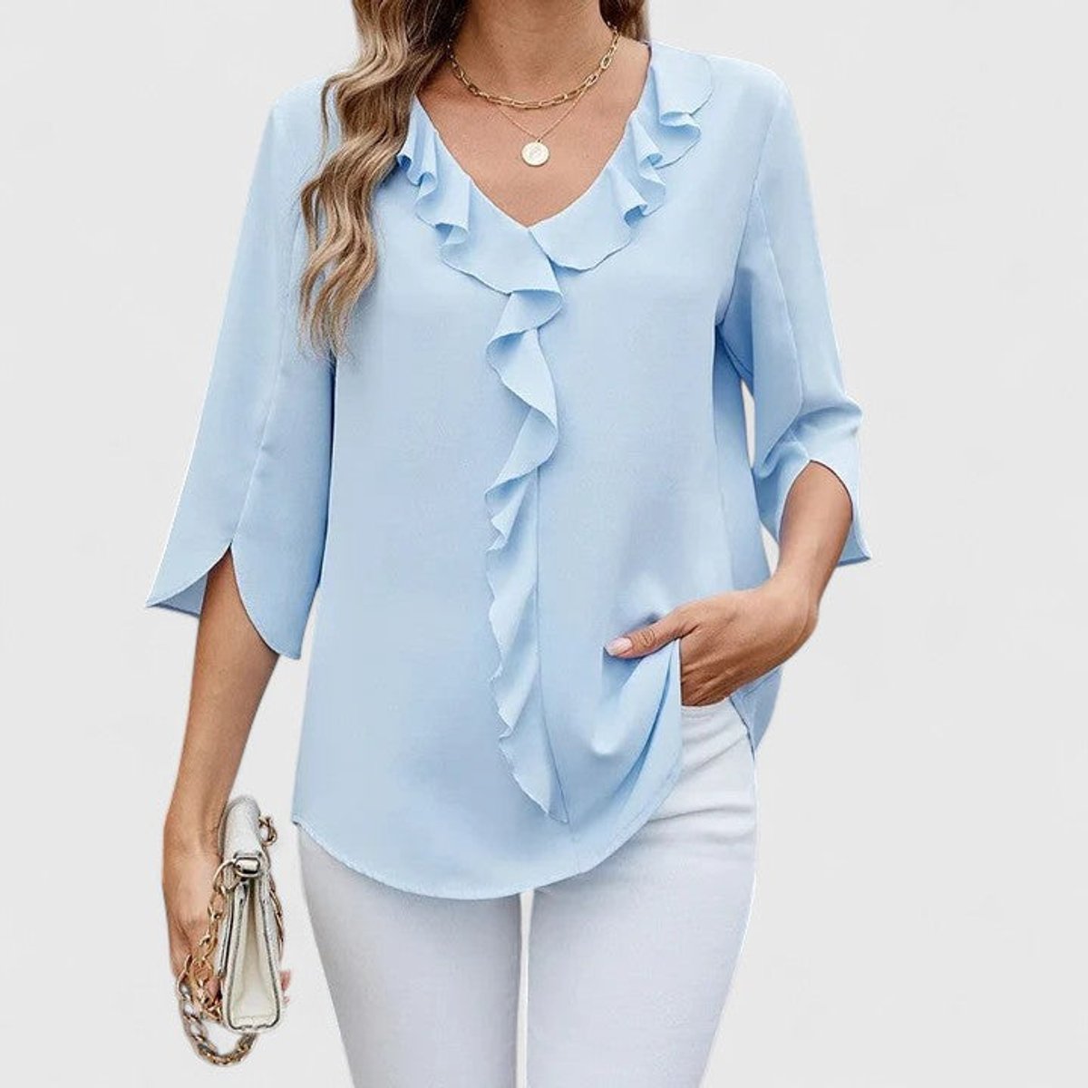 Women's Ruffle V-Neck Three-Quarter Sleeve Chiffon Blouse
