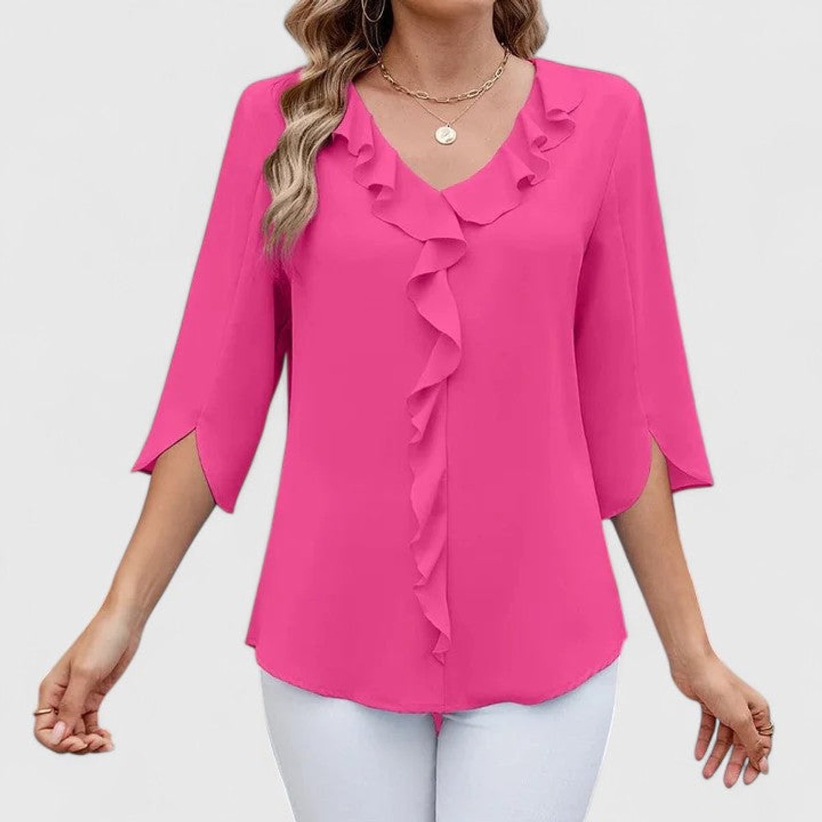 Women's Ruffle V-Neck Three-Quarter Sleeve Chiffon Blouse - Pink