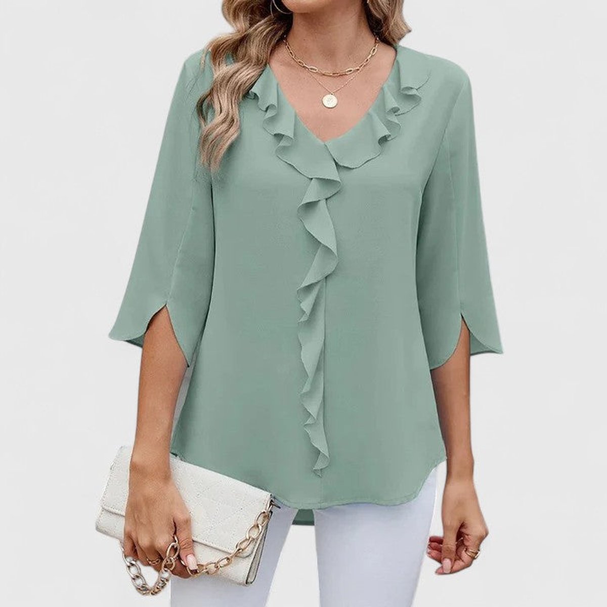 Women's Ruffle V-Neck Three-Quarter Sleeve Chiffon Blouse - Green