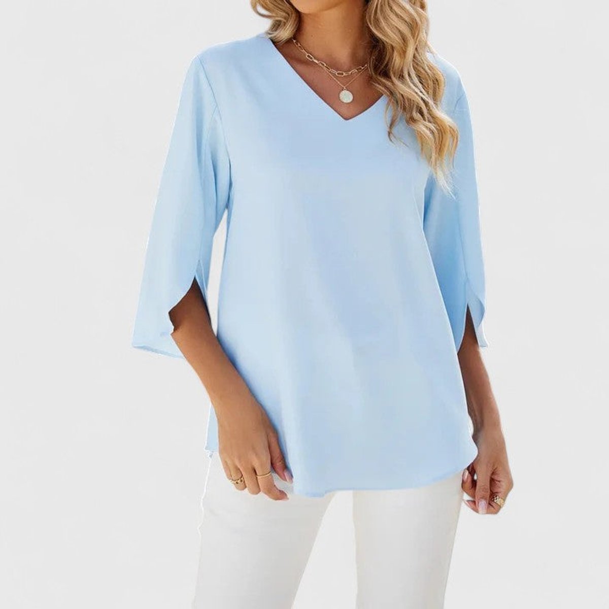 Women's Ruffle V-Neck Three-Quarter Sleeve Chiffon Blouse - Classic Blue