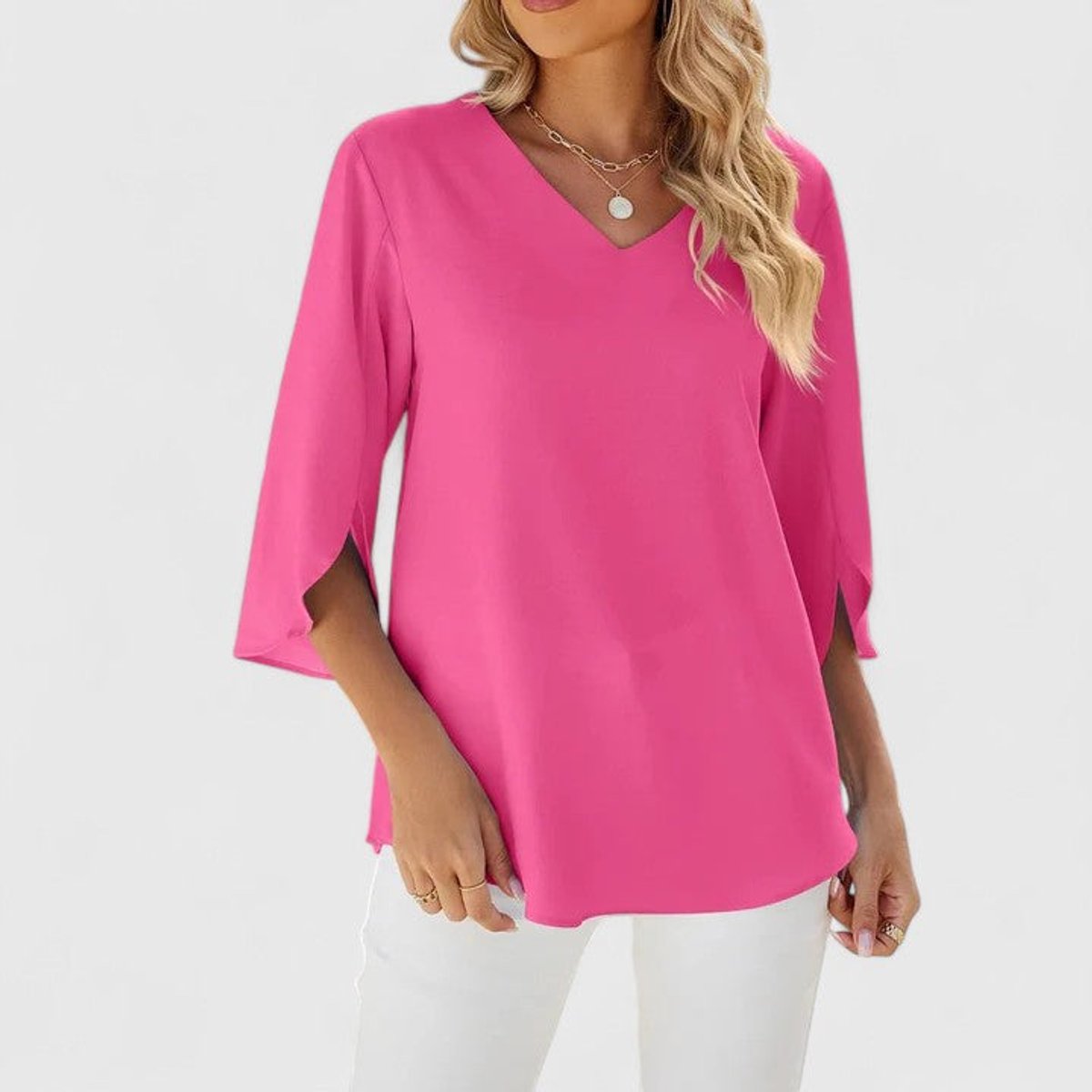 Women's Ruffle V-Neck Three-Quarter Sleeve Chiffon Blouse - Classic Pink