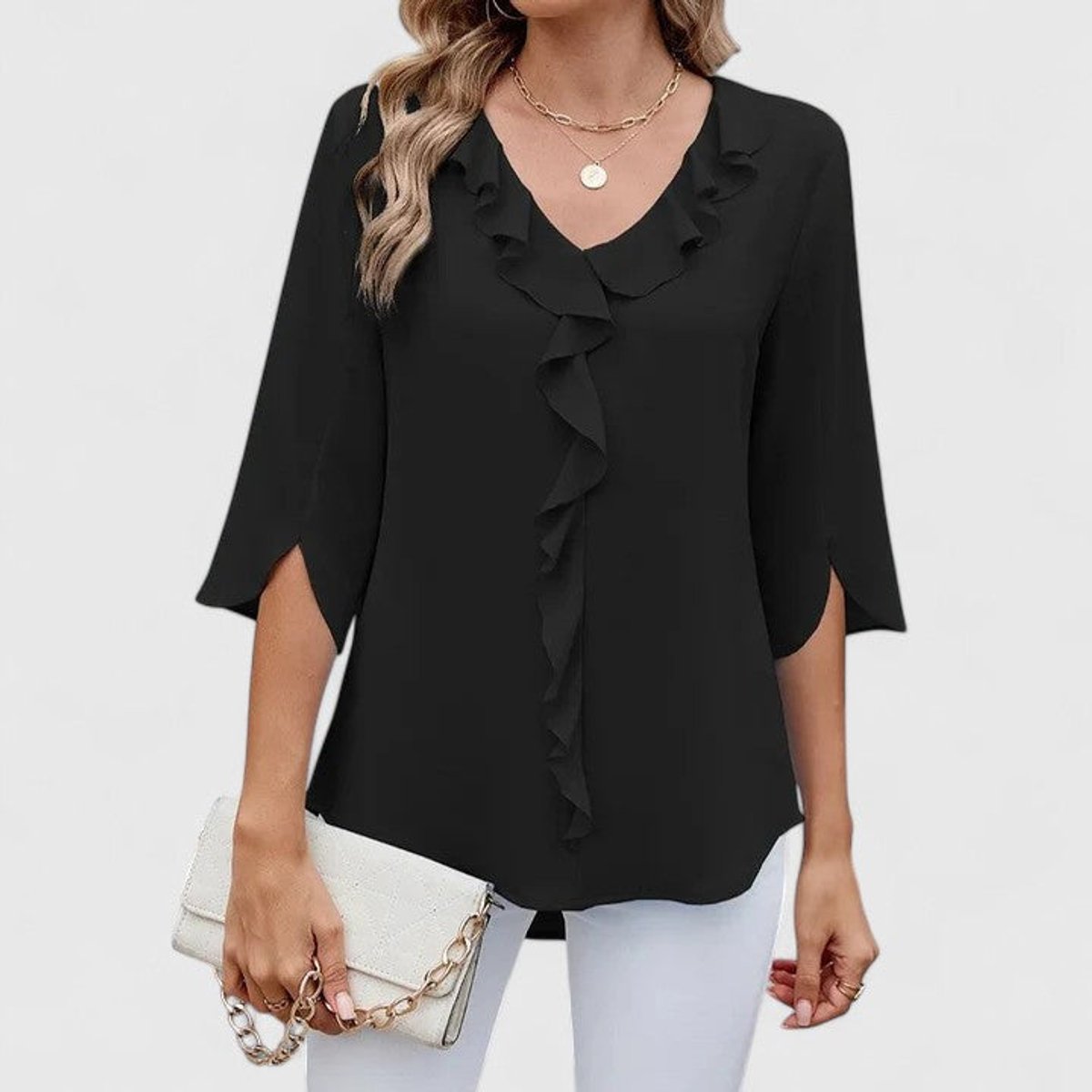 Women's Ruffle V-Neck Three-Quarter Sleeve Chiffon Blouse - Black