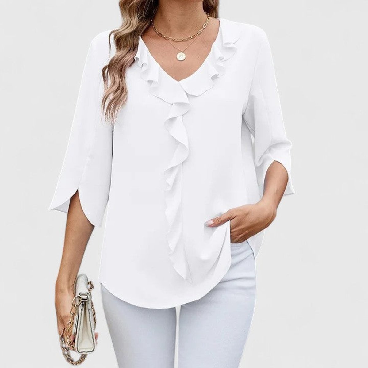 Women's Ruffle V-Neck Three-Quarter Sleeve Chiffon Blouse - White