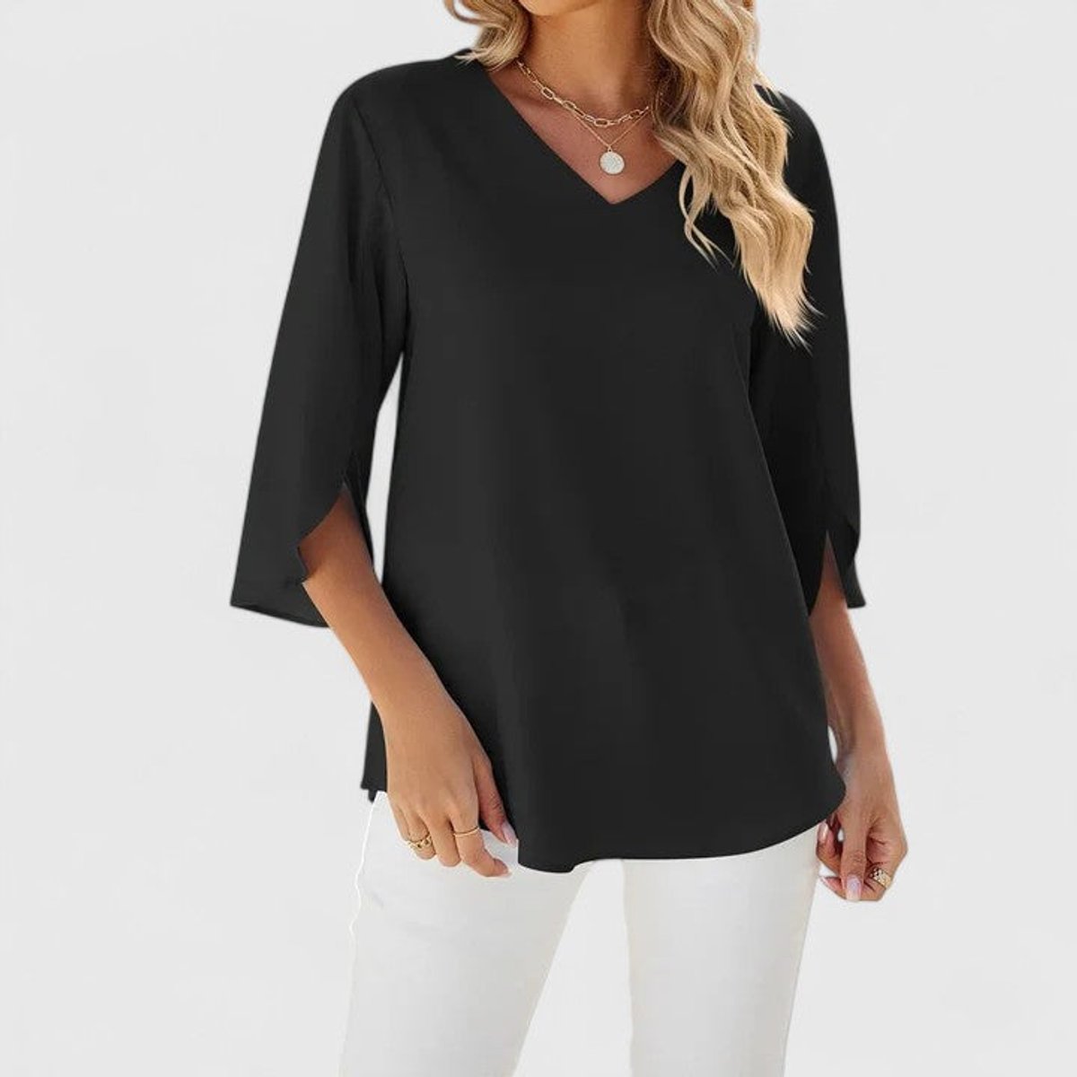 Women's Ruffle V-Neck Three-Quarter Sleeve Chiffon Blouse - Classic Black