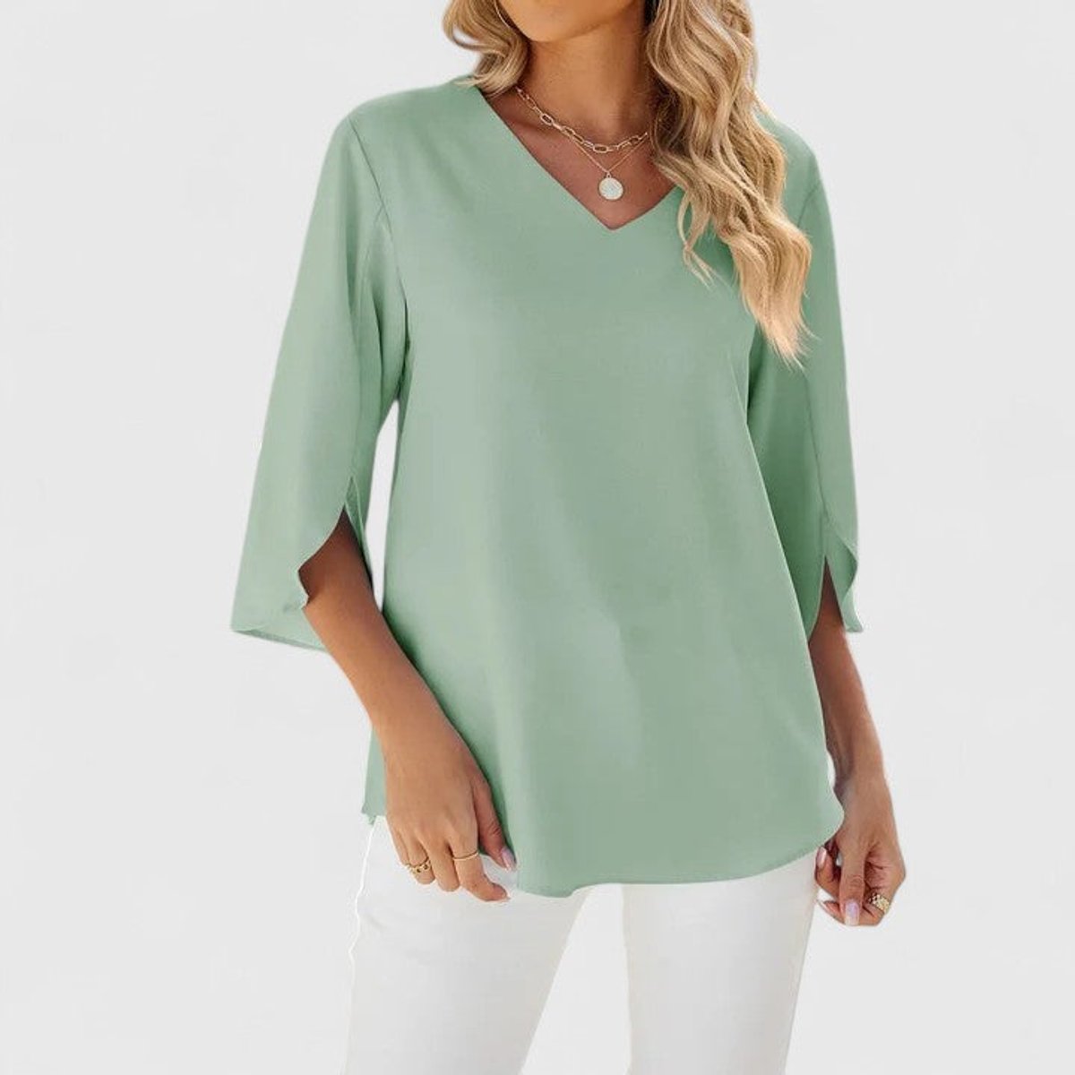 Women's Ruffle V-Neck Three-Quarter Sleeve Chiffon Blouse - Classic Green