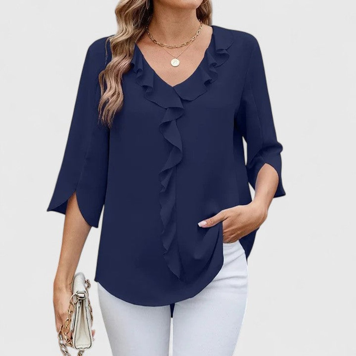 Women's Ruffle V-Neck Three-Quarter Sleeve Chiffon Blouse - Blue