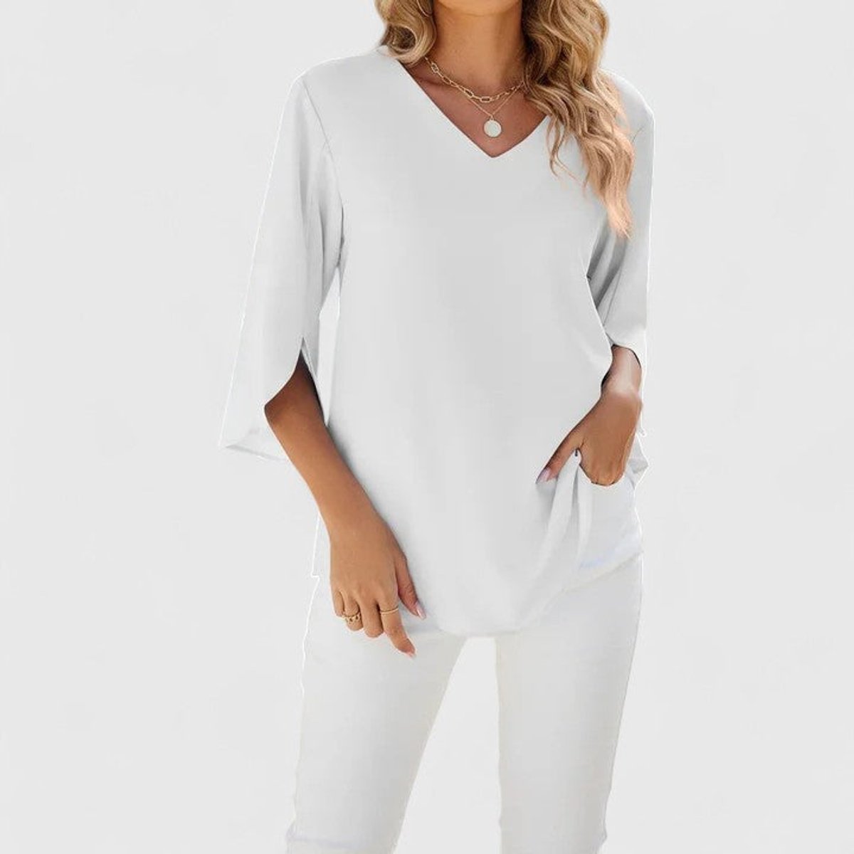 Women's Ruffle V-Neck Three-Quarter Sleeve Chiffon Blouse - Classic White