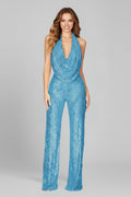 Women's Sequin Halter-Neck Cowl Wide Leg Pants Jumpsuit - Light Blue