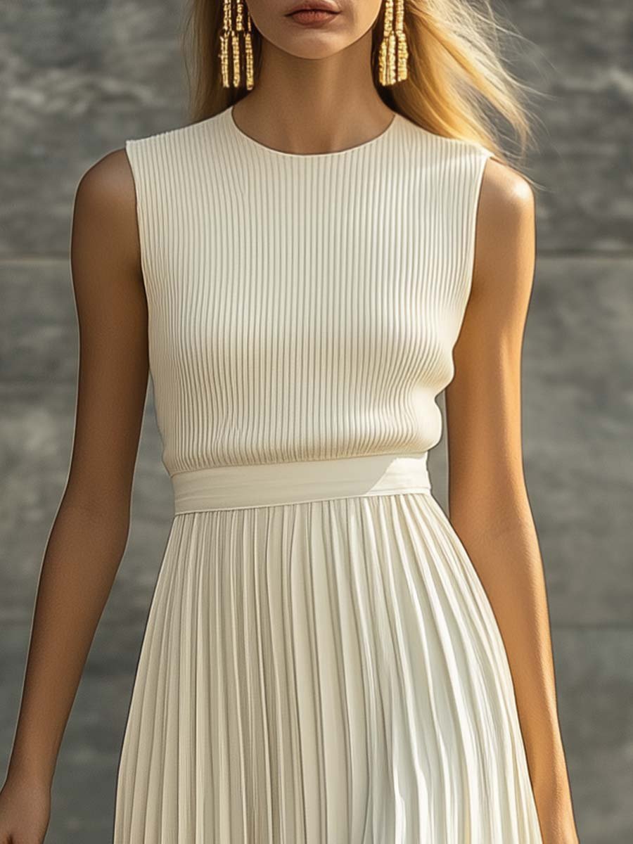 Women's Sleeveless Knit Pleated Chiffon Maxi Dress