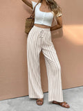 Women's Striped High-Waist Drawstring Wide Leg Pants Linen Trousers - Apricot