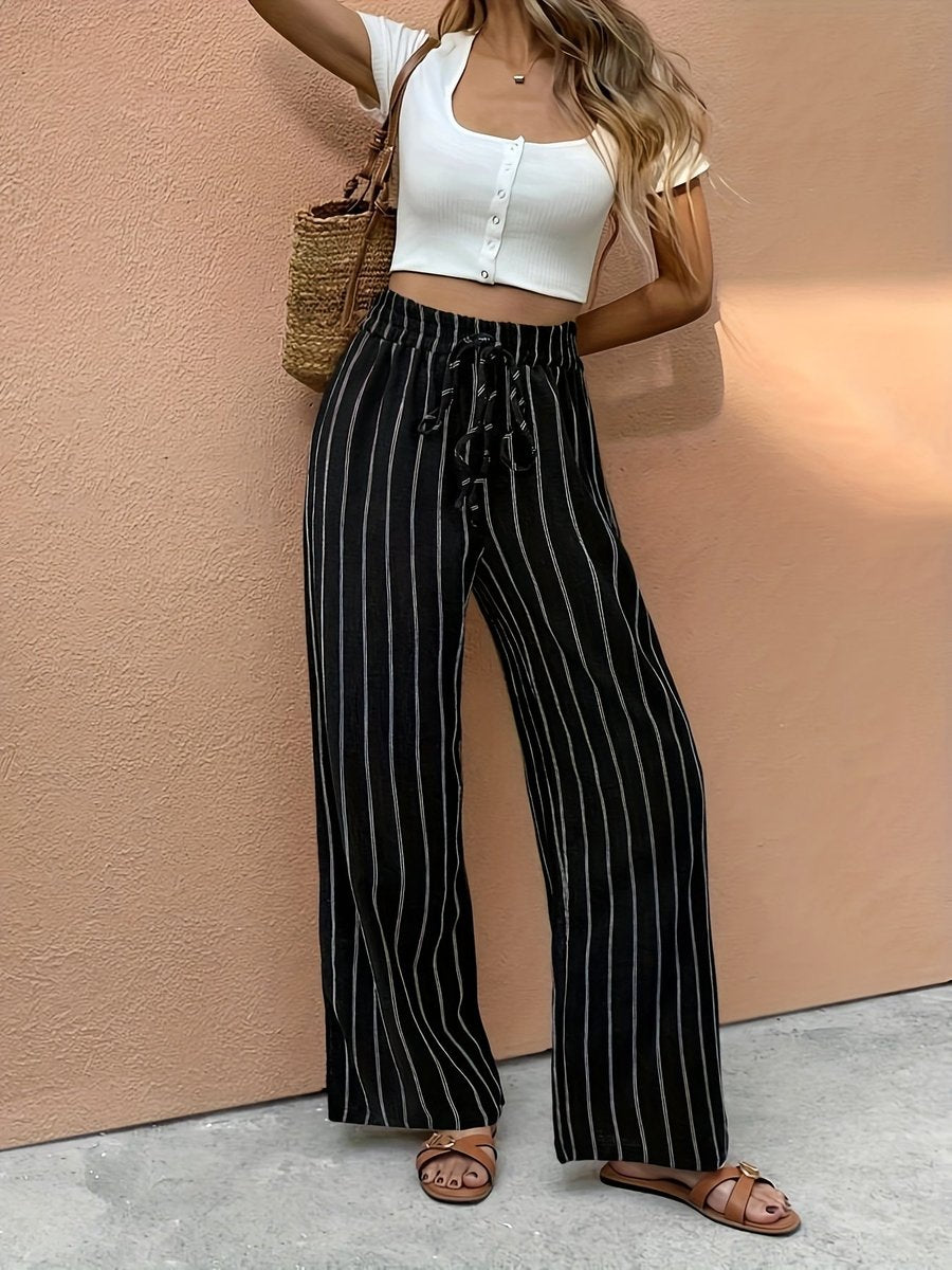 Women's Striped High-Waist Drawstring Wide Leg Pants Linen Trousers - Black