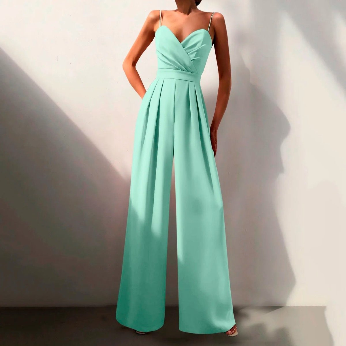 Women's Sweetheart Neck Spaghetti Strap Wide Leg Pants Jumpsuit - Green