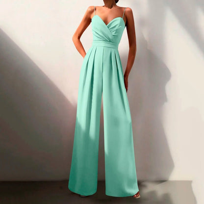Women's Sweetheart Neck Spaghetti Strap Wide Leg Pants Jumpsuit - Green