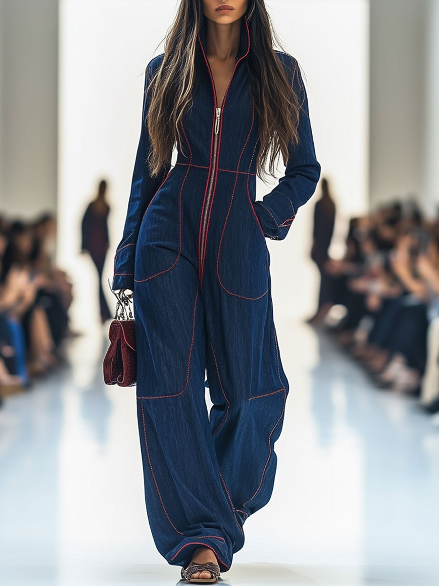 Women's Wide Leg Pants Denim Jumpsuit Long Sleeve Front Zip - Donkerblauw